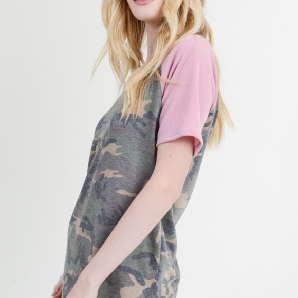 Camouflage Blush Rose Pink Sleeve Accent Top - Picture 3 of 5